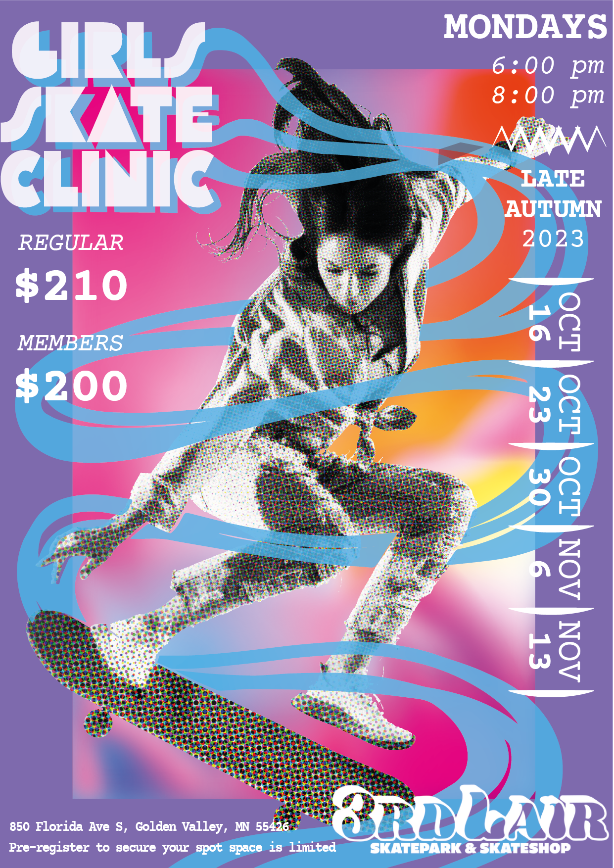 girls skate clinic poster, text design